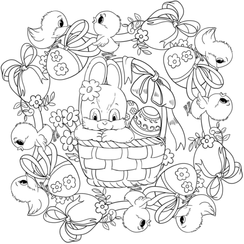 Easter Mandala With A Busket, Rabbit, Chickens And Eggs Coloring Page